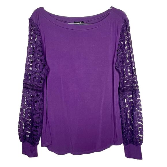 AMARYLLIS Crochet Lace Long Sleeve Blouse Pullover Crewneck Purple Plus Size 1XL - Picture 2 of 9